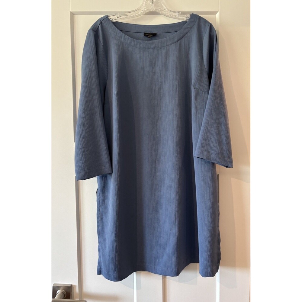 JJill Wearever Collection Shift Dress Blue Textured Crepe Medium 3/4 Sleeve Slit